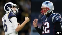 Jared Goff #16 de Los Angeles Rams y Tom Brady #12 de los New England Patriots. 