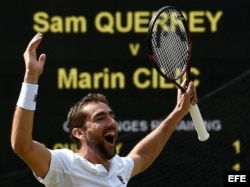 Cilic celebra su victoria sobre Querrey en Wimbledon.