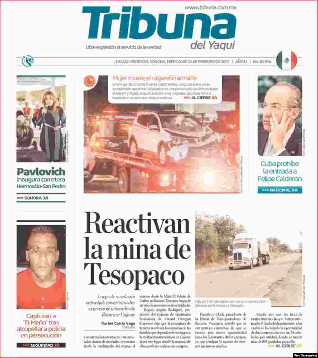Tribuna del Yaqui destaca la negativa de entrada a Cuba al expresidente mexicano Felipe Calderón.
