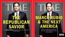  Combo de dos fotografías cedidas por la revista Time en donde aparece el senador republicano por Florida, Marco Rubio en la portada. 