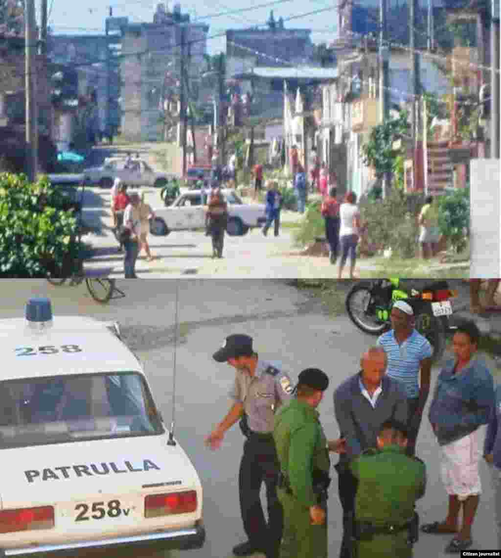 Una combinación de dos fotos muestra -arriba- la vigilancia policial en Santa Clara donde un grupo de activistas intentaba reunirse y -abajo- la detención del opositor Guillermo Fariñas.