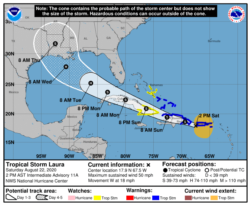 El pronóstico de la ruta de “Laura” indica que la tormenta tropical recorrerá Cuba de oriente a occidente (Mapa del Centro Nacional de Huracanes de Estados Unidos).