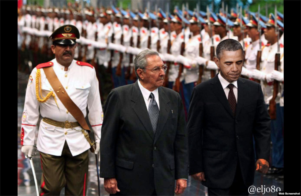 Aquí el presidente Obama no se ve muy feliz mientras es recibido por Raúl Castro.