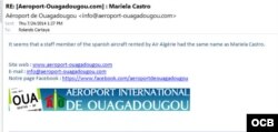 Este e-mail del aeropuerto de Uagadugu a martinoticias explica que aparentemente una tripulante del vuelo AH5017 se llamaba Mariela Castro.