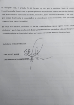 Petición en Asamblea Nacional Cubana / Foto cortesía del OCDH