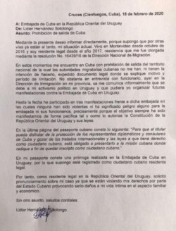 Copia de la carta remitida por Lidier Hernández a la Embajada de Cuba en Uruguay (Tomado de su cuenta de Facebook).