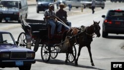 Foto de archivo de un cochero (carro tirado por un caballo) en Cuba. 