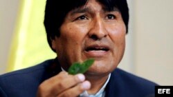 El presidente de Bolivia, Evo Morales, muestra hojas de coca.
