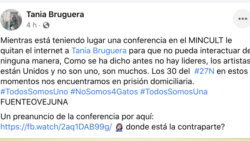 Tania Bruguera denuncia que la seguridad del estado le bloqueo la señal de su teléfono