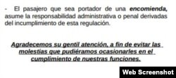 Fragmento de la nota informativa de la Aduana de Cuba sobre las encomiendas
