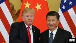 El presidente estadounidense, Donald J. Trump (i), y el presidente chino, Xi Jinping (d), se dan la mano durante una rueda de prensa, 9 de noviembre e 2017, en el Gran Palacio del Pueblo, en Pekín (China). EFE/Roman Pilipey