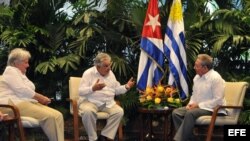  El general cubano Raúl Castro (d), el presidente de Uruguay José Mujica (c) y su esposa la senadora uruguaya Lucía Topolanski (i) hablan hoy, miércoles 24 de julio de 2013.