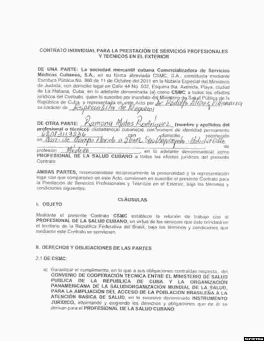 Copia de contrato de médica cubana en Brasil, primera página.