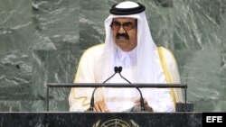 El emir de Catar, Hamad Bin Jalifa al Zani, pronuncia un discurso durante la inauguración de la 67 sesión de la Asamblea General de la ONU en Nueva York, EE UU. 