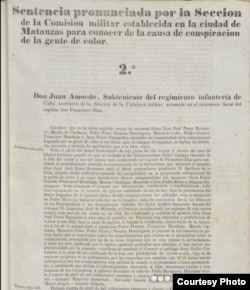 De la Colección Escoto: una de las sentencias contra "morenos libres" dictadas en Matanzas en 1843-44 en torno a la Conspiración de la Escalera.