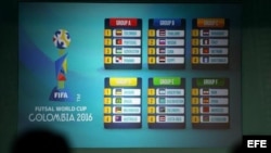Vista del orden de los grupos durante el sorteo de la Copa Mundial de Futsal FIFA Colombia 2016.
