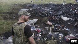 Un miliciano prorruso contempla el desastre después que un avión civil de Malaysia Airlines fuera derribado cerca del límite entre Ucrania y Rusia.