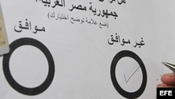 Un egipcio residente en los Emiratos Árabes Unidos rellena su voto para el referéndum sobre la nueva Constitución egipcia.