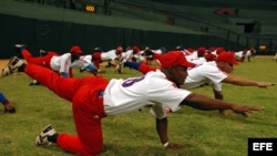 Peloteros cubanos, integrantes de la preselección que se prepara para competir en marzo en el Clásico Mundial de béisbol. 