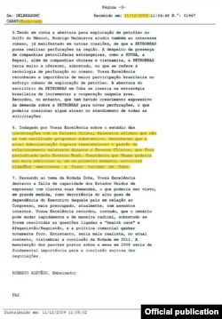 Cable desclasificado (Diciembre, 2009) donde el diplomático brasileño en Suiza Roberto Azevedo reproduce el parecer de Malmierca, sobre el estado de las conversaciones con los EEUU.