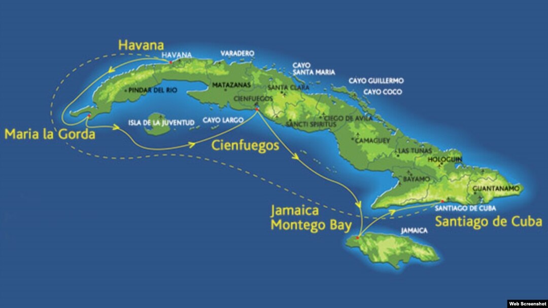 Mapa de la trayectoria del crucero LGBT por Cuba.
