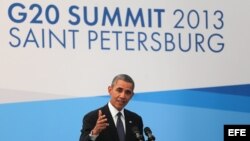 El presidente de Estados Unidos, Barack Obama, comparece durante una rueda de prensa ofrecida durante la cumbre anual del G20 celebrada en la ciudad rusa de San Petersburgo (Rusia), hoy, viernes 6 de septiembre de 2013