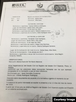 Acta de matrimonio de Yoelvis Gatorno y Yarisleidy C. Rodríguez.