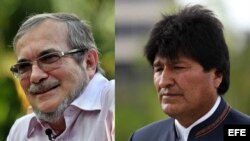 Combinación de fotografías de Rodrigo Londoño "Timochenko" y Evo Morales.