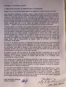 Copia de la carta a la Dirección Nacional de Inmigración y Extranjería (Tomado de la cuenta de Facebook de Lidier Hernández).