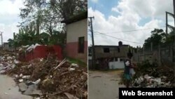 Los basureros en medio de la vía pública, como este en Nueva Gerona, Isla de la Juventud, abundan en Cuba. (Captura de video/William Rodríguez)