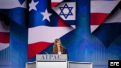 Samantha Power, embajadora de EEUU ante Naciones Unidas, interviene en la conferencia anual del Comité de Relaciones Públicas Americano-Isralíes (AIPAC).