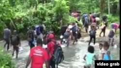 Desde Capurganá, Colombia, migrantes cubanos procedentes de Turbo, incluidos niños, se internan en la Selva del Darién rumbo a Panamá.