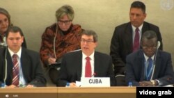 El canciller cubano Bruno Rodríguez presentó en Ginebra el Informe Nacional de Cuba al III Ciclo del Examen Periódico Universal del Consejo de DDHH de la ONU, en el 2018.