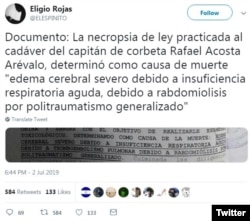 Según este documento publicado en su cuenta de Twitter por el periodista Eligio Rojas, la autopsia certifica que Rafael Acosta Arévalo fue torturado.