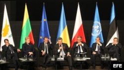 Nikos Anastasiadis (Chipre); Dalia Grybauskaite (Lituania); Donald Tusk (Consejo Europeo); Petro Poroshenko (Ucrania); Broniwslaw Komorowski (Polonia); Ban Ki-moon (Naciones Unidas); y Toomas Hendrik (Estonia), (i-d).