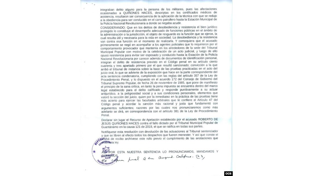 Sentencia dictada por el Tribunal Provincial de Guantánamo contra Quiñones Haces.