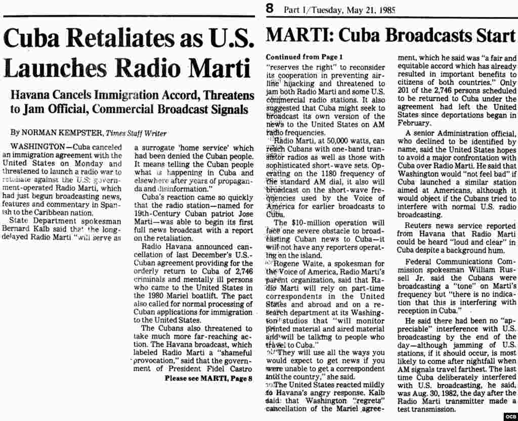 Cuba toma represalias cuando Estados Unidos lanza Radio Martí. Times. Mayo 21, 1985