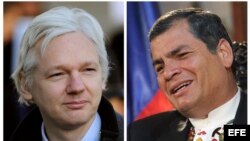 A la izquierda el fundador de Wikileaks Julián Assange, a la derecha el presidente de Ecuador Rafael Correa