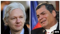 A la izquierda el fundador de Wikileaks Julián Assange, a la derecha el presidente de Ecuador Rafael Correa