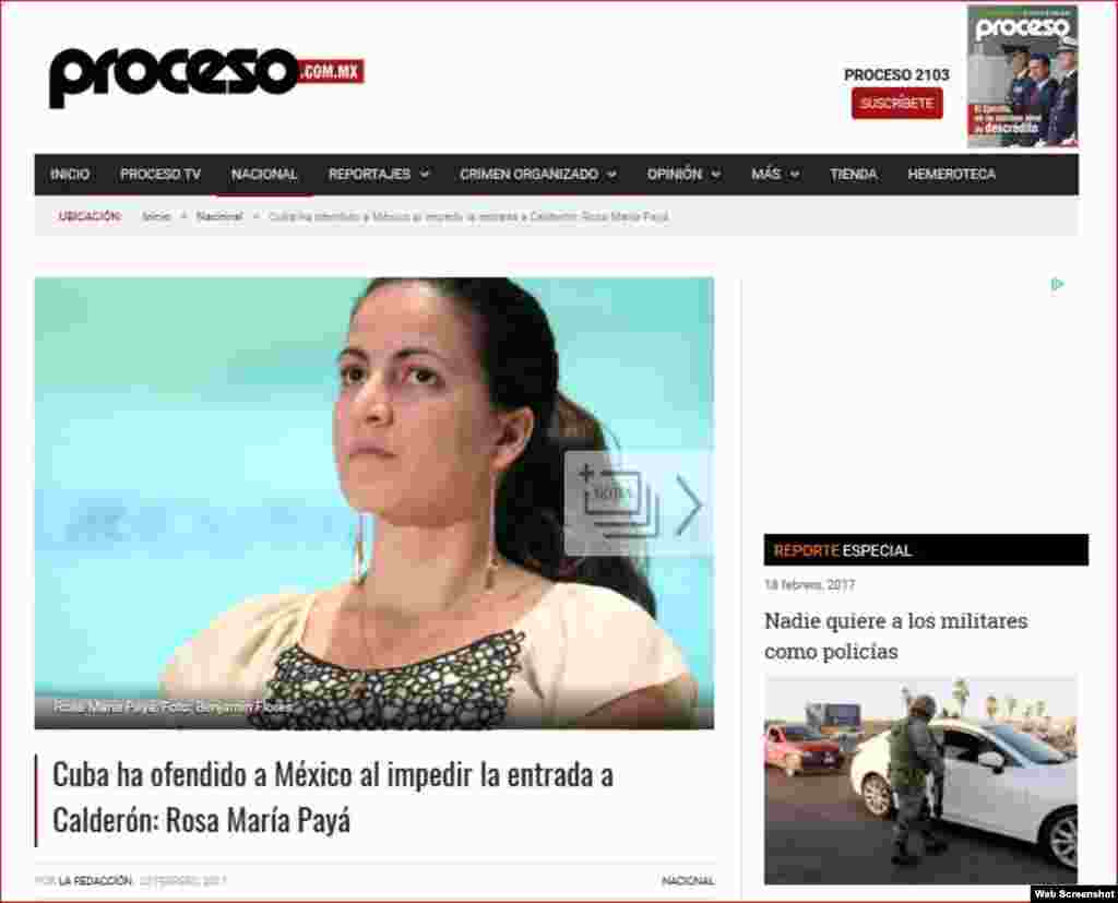 Artículo en Proceso, de México, destaca reacción de Rosa María Payá a prohibición de entrada a Cuba a expresidente mexicano Felipe Calderón.