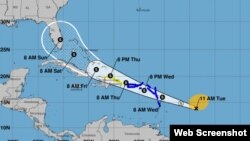 Pronóstico de trayectoria de la que podria ser la tormenta tropical Isaias. (NHC)