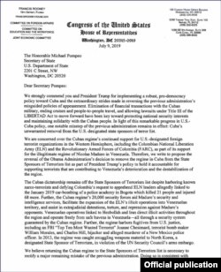 Carta de los congresistas Mario Diaz-Balart y Francis Rooney al Secretario de Estado Mike Pompeo