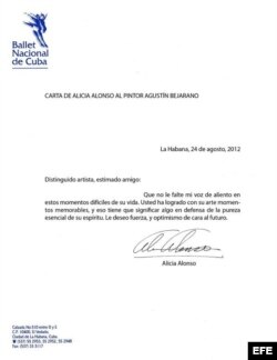 Carta de Alicia Alonso, al pintor Agustín Bejarano