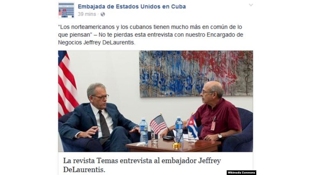 La página de Facebook de la embajada de EEUU en La Habana destaca la entrevista a Jeffrey DeLaurentis.