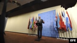 El embajador sirio ante la ONU, Bashar Jafari, comparece durante una rueda de prensa celebrada en la sede de las Naciones Unidas en Nueva York (EE.UU.). 