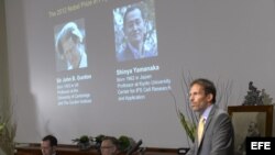 Thomas Perlmann (der) del instituto Karolinska anuncia la identidad de los ganadores del Premio Nobel de Medicina 2012, el británico John B. Gurdon (en la pantalla izq) y el japonés Shinya Yamanaka (en la pantalla der), en Estocolmo, Suecia, hoy lunes 8 d