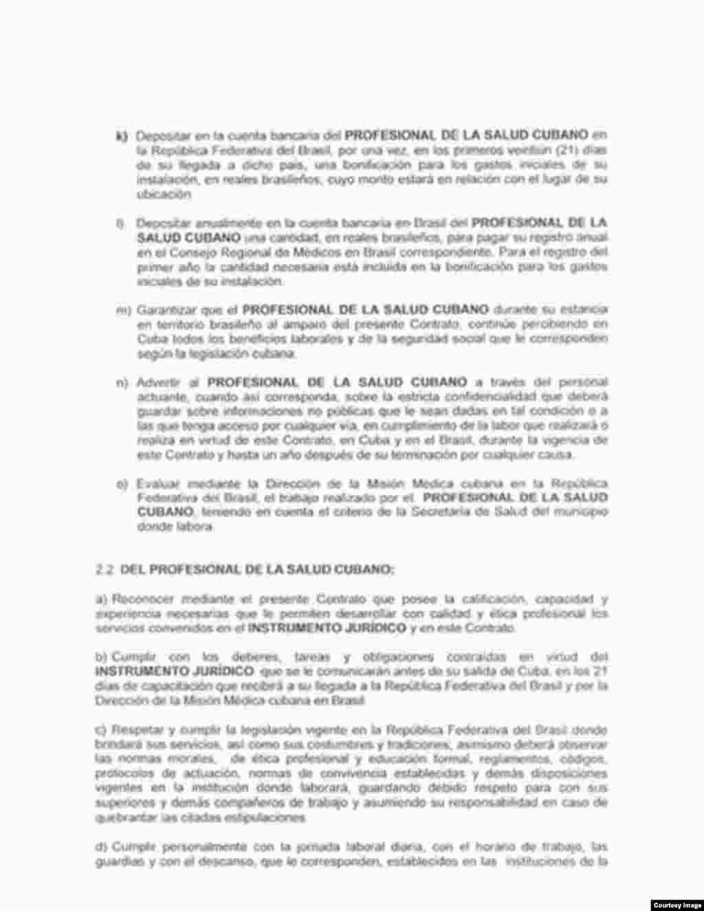 Copia de contrato de médica cubana en Brasil, tercera página.