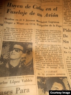 Recorte de artículo del periódico El Mundo (Miami) que recoge la entrada de López y sus dos amigos como polizones en vuelo La Habana-Miami. Cortesía María López.
