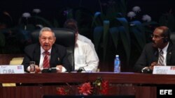 Raúl Castro, con el primer ministro de Antigua y Barbuda, Gaston A. Browne (d), preside la inauguración de la V Cumbre Cuba-Caricom.