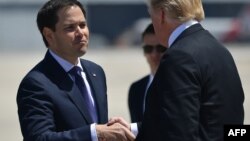 El presidente Donald Trump saluda al senador Marco Rubio en Miami. Foto Archivo